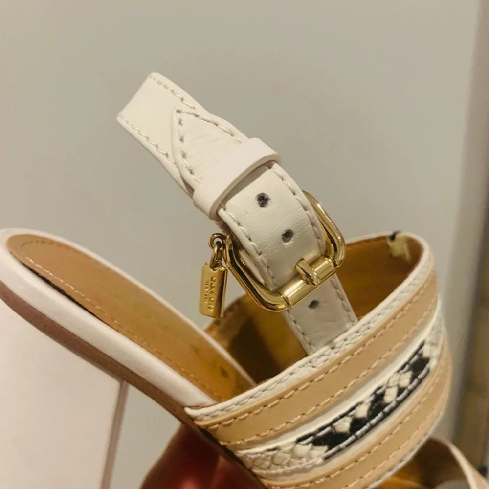 COACH Women's Beige and Cream Leather Block Heel Sandals